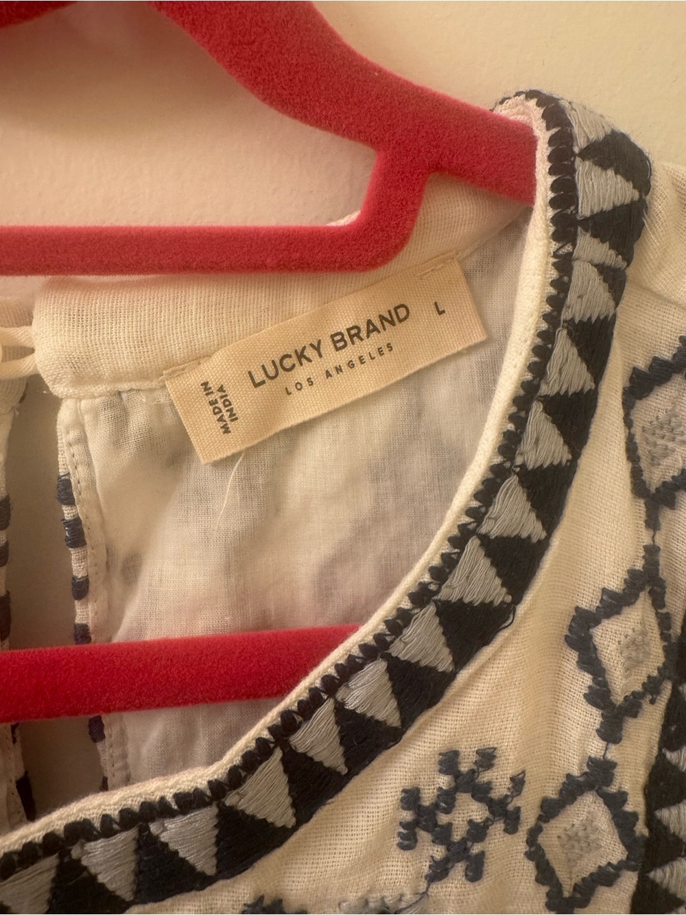 NWOT Lucky Brand Cream dress with Blue Geometric Embroidery - Picture 3 of 7